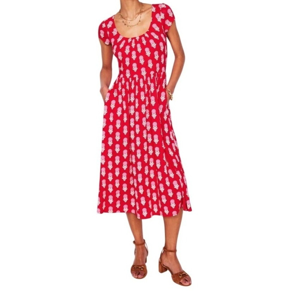 NWT Boden Samantha Jersey Scoop Dress Poppy Red Dahlia Sprig Floral Summer US 8P
